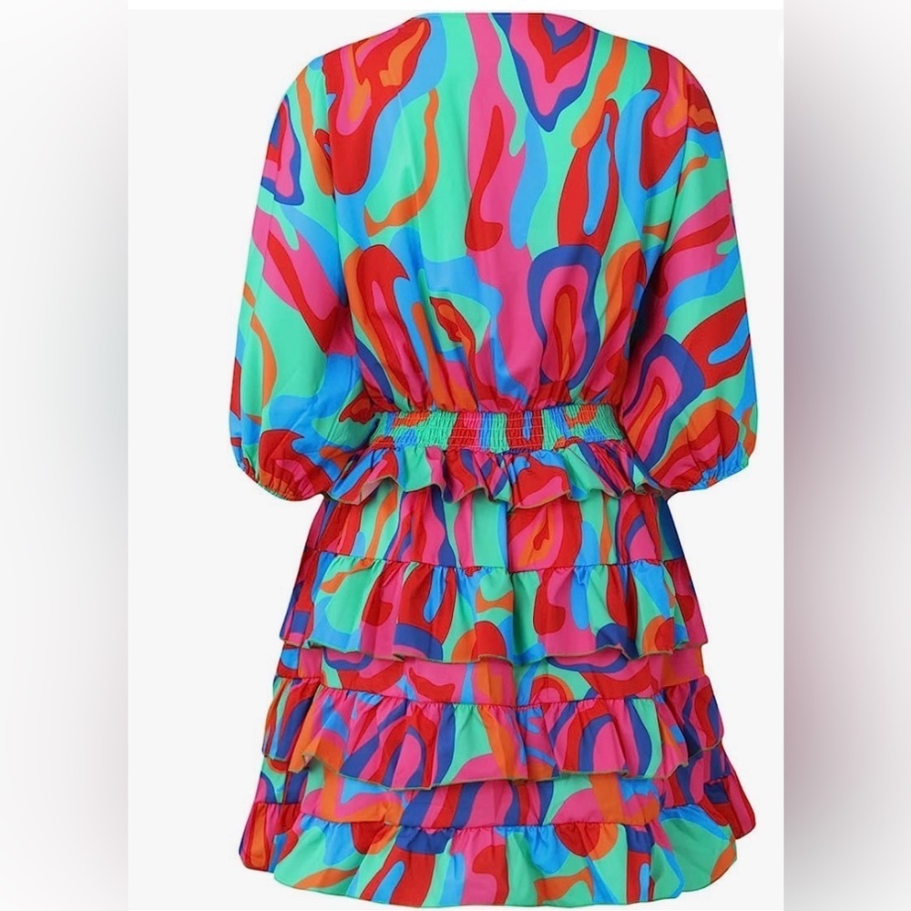 NWT Bohemian Layered Dressy V Neck Bell Sleeve Beach Short Mini Sundress size M - Picture 2 of 7
